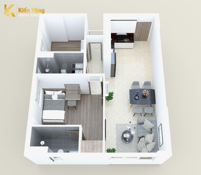 thiết kế căn hộ 60m2 2 phòng ngủ